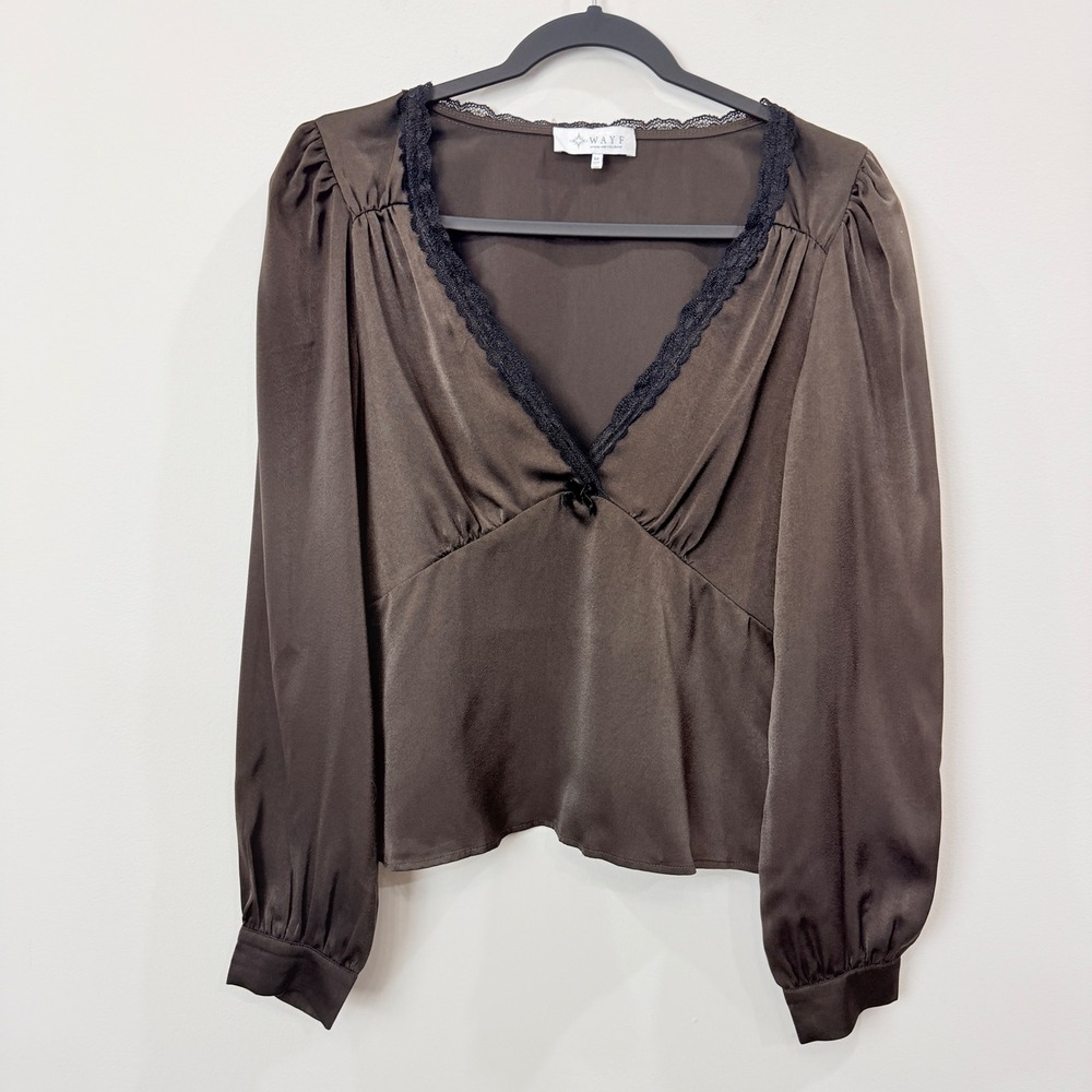 Y2K Babydoll WAYF Women Medium Brown Satin Lace Trim V-Neck LS Blouse Whimsygoth